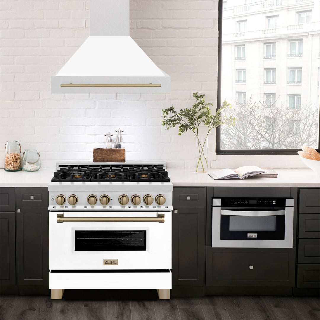 ZLINE Autograph Edition 36 in. Satin Stainless Steel Wall Mount Range Hood with White Matte Shell and Champagne Bronze Handle (8654SNZ-WM36-CB)