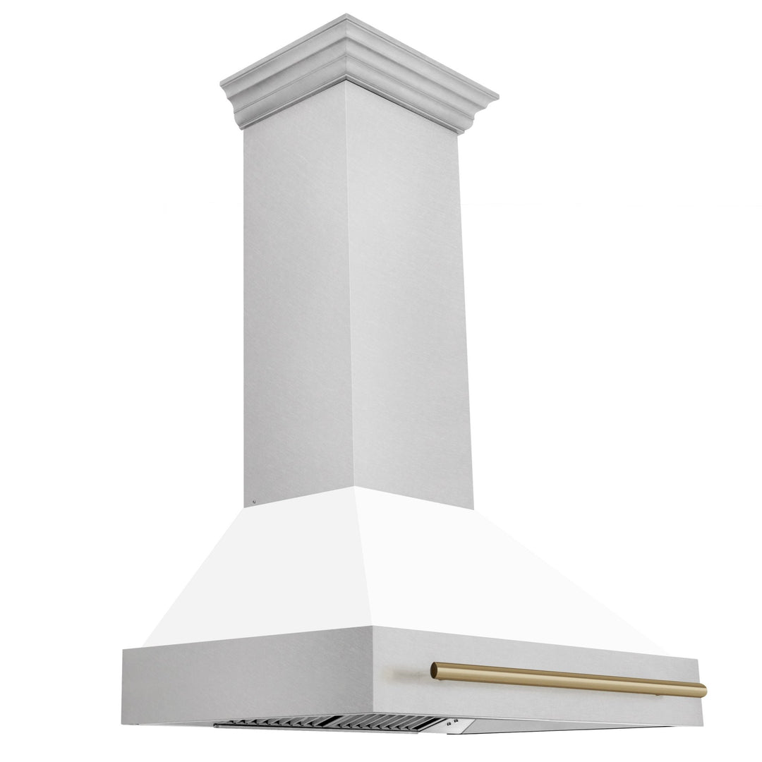 ZLINE Autograph Edition 36 in. Satin Stainless Steel Wall Mount Range Hood with White Matte Shell and Champagne Bronze Handle (8654SNZ-WM36-CB)