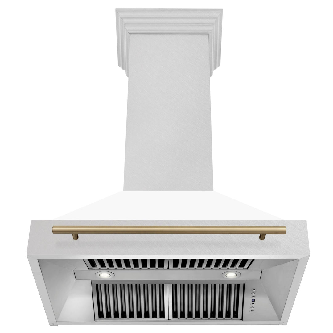 ZLINE Autograph Edition 36 in. Satin Stainless Steel Wall Mount Range Hood with White Matte Shell and Champagne Bronze Handle (8654SNZ-WM36-CB)