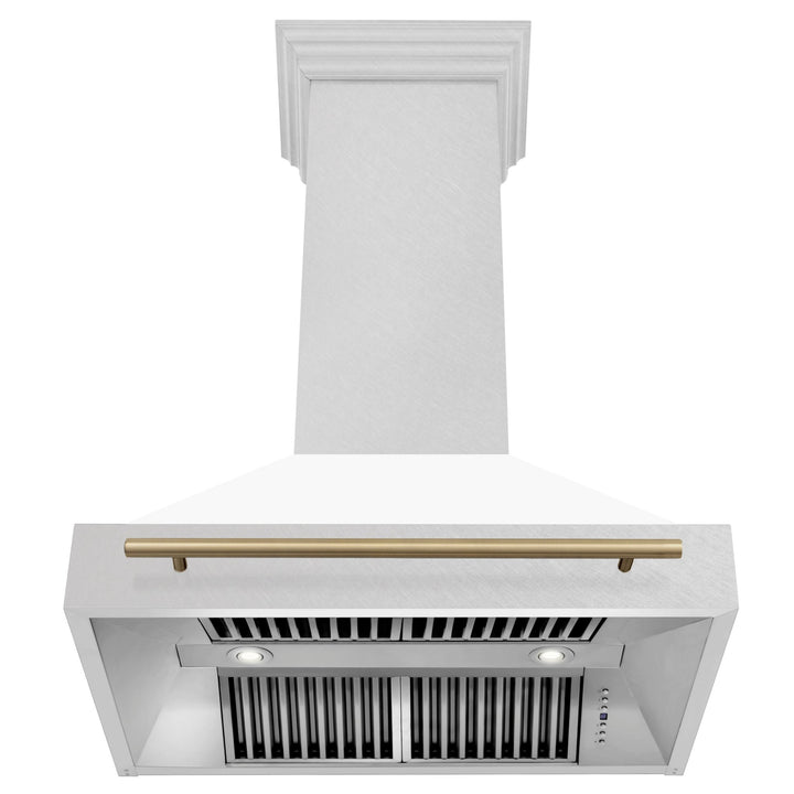 ZLINE Autograph Edition 36 in. Satin Stainless Steel Wall Mount Range Hood with White Matte Shell and Champagne Bronze Handle (8654SNZ-WM36-CB)