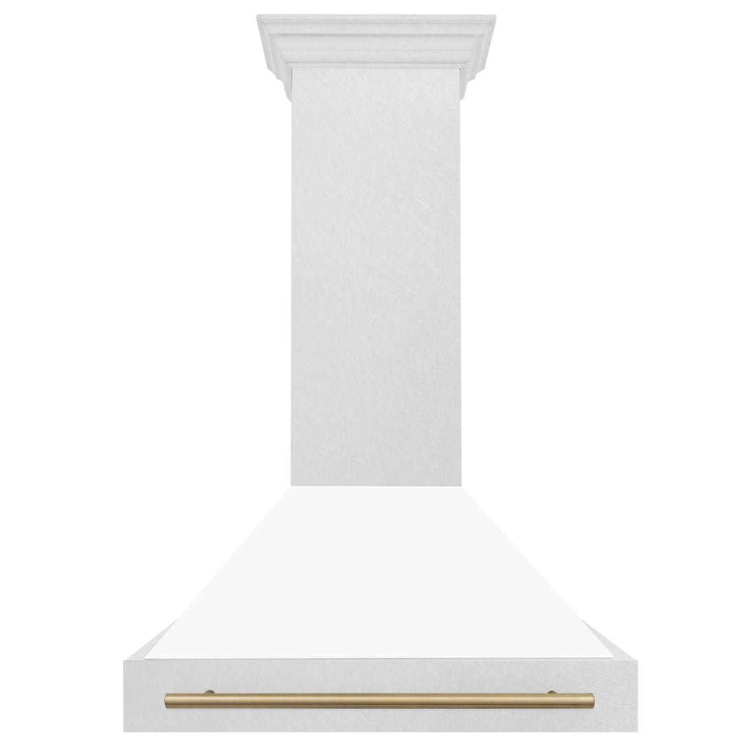 ZLINE Autograph Edition 36 in. Satin Stainless Steel Wall Mount Range Hood with White Matte Shell and Champagne Bronze Handle (8654SNZ-WM36-CB)