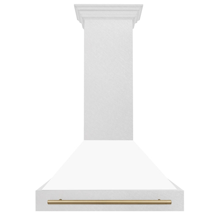 ZLINE Autograph Edition 36 in. Satin Stainless Steel Wall Mount Range Hood with White Matte Shell and Champagne Bronze Handle (8654SNZ-WM36-CB)