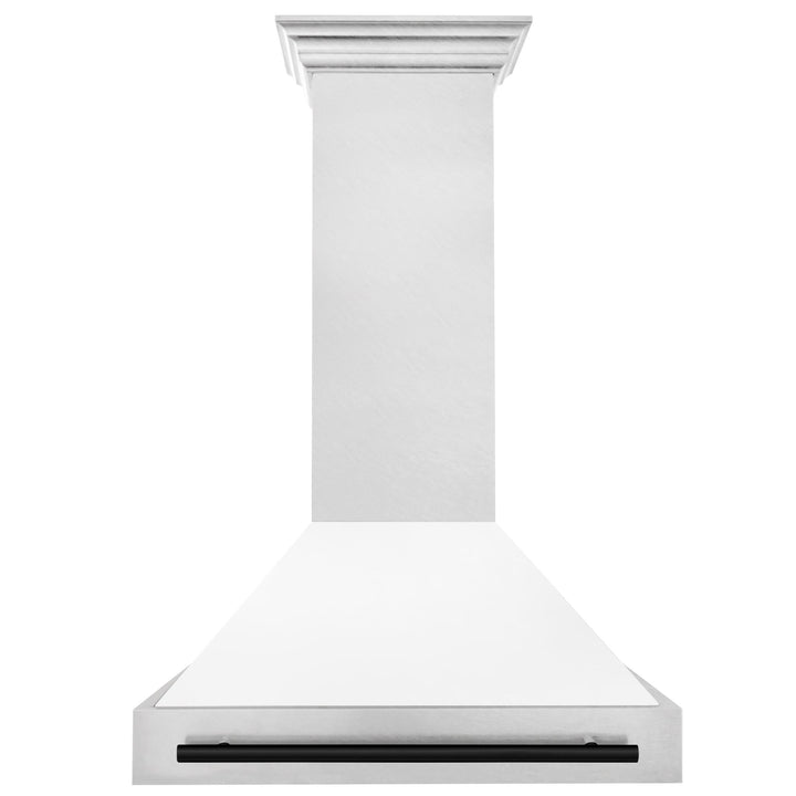 ZLINE Autograph Edition 36 in. Satin Stainless Steel Wall Mount Range Hood with White Matte Shell and Matte Black Handle (8654SNZ-WM36-MB)