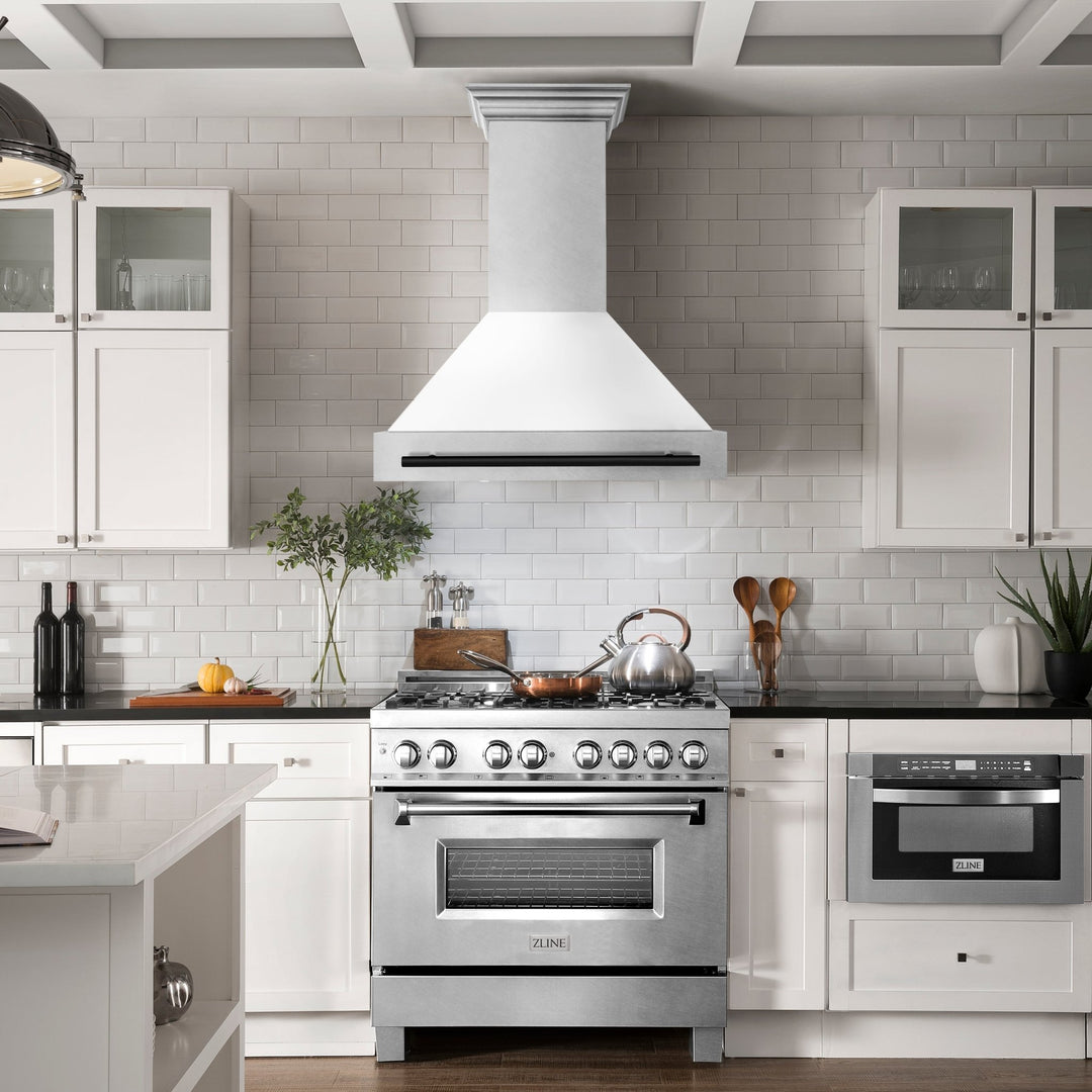 ZLINE Autograph Edition 36 in. Satin Stainless Steel Wall Mount Range Hood with White Matte Shell and Matte Black Handle (8654SNZ-WM36-MB)