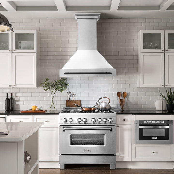 ZLINE Autograph Edition 36 in. Satin Stainless Steel Wall Mount Range Hood with White Matte Shell and Matte Black Handle (8654SNZ-WM36-MB)