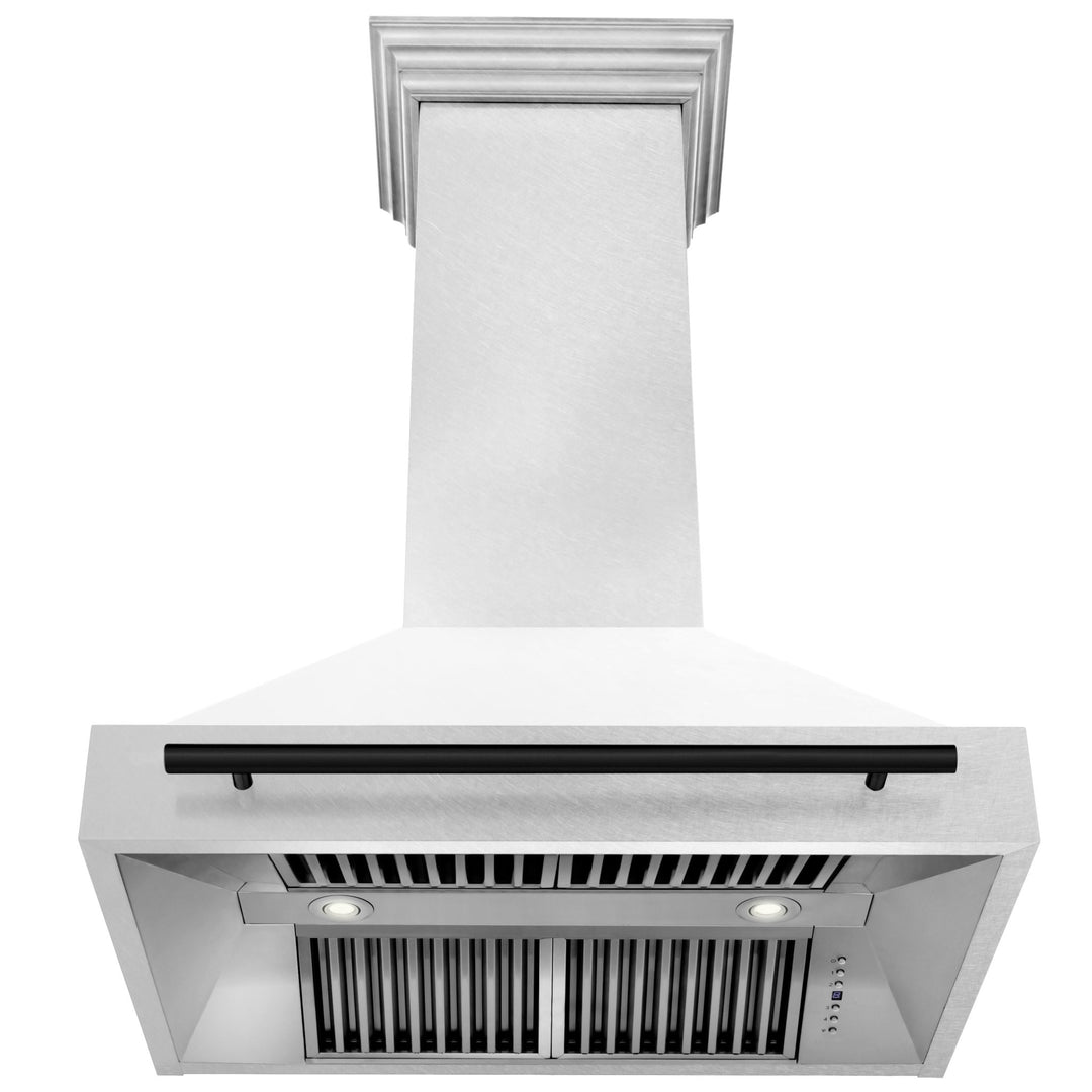 ZLINE Autograph Edition 36 in. Satin Stainless Steel Wall Mount Range Hood with White Matte Shell and Matte Black Handle (8654SNZ-WM36-MB)