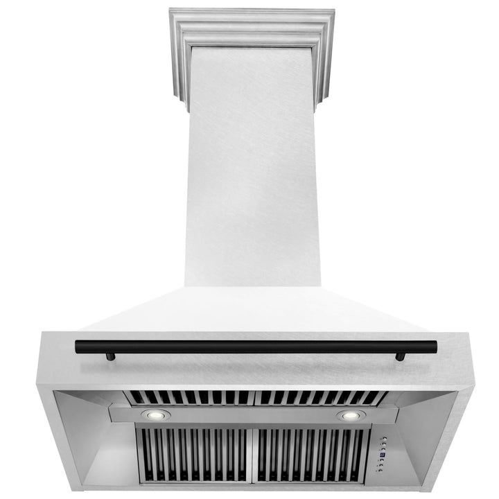 ZLINE Autograph Edition 36 in. Satin Stainless Steel Wall Mount Range Hood with White Matte Shell and Matte Black Handle (8654SNZ-WM36-MB)