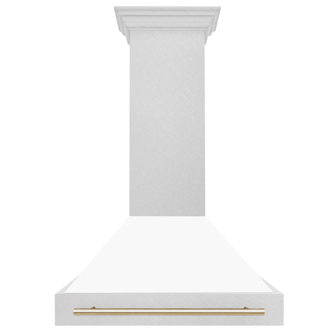ZLINE Autograph Edition 36 in. Satin Stainless Steel Wall Mount Range Hood with White Matte Shell and Polished Gold Handle (8654SNZ-WM36-G)
