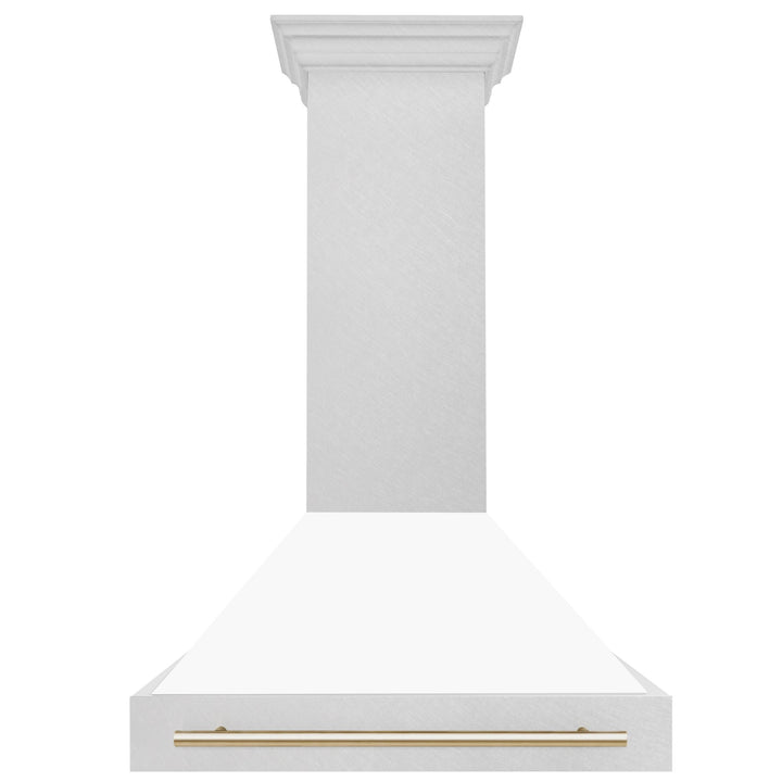 ZLINE Autograph Edition 36 in. Satin Stainless Steel Wall Mount Range Hood with White Matte Shell and Polished Gold Handle (8654SNZ-WM36-G)