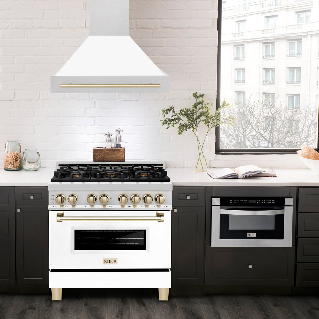 ZLINE Autograph Edition 36 in. Satin Stainless Steel Wall Mount Range Hood with White Matte Shell and Polished Gold Handle (8654SNZ-WM36-G)