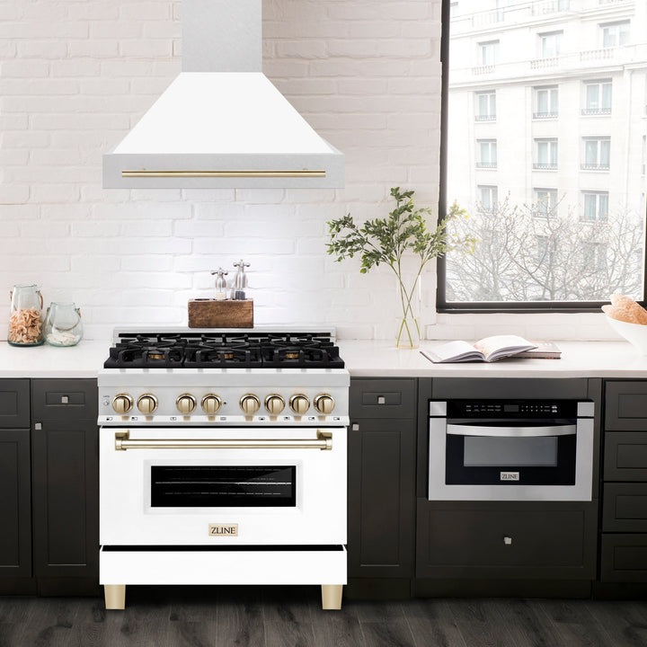 ZLINE Autograph Edition 36 in. Satin Stainless Steel Wall Mount Range Hood with White Matte Shell and Polished Gold Handle (8654SNZ-WM36-G)