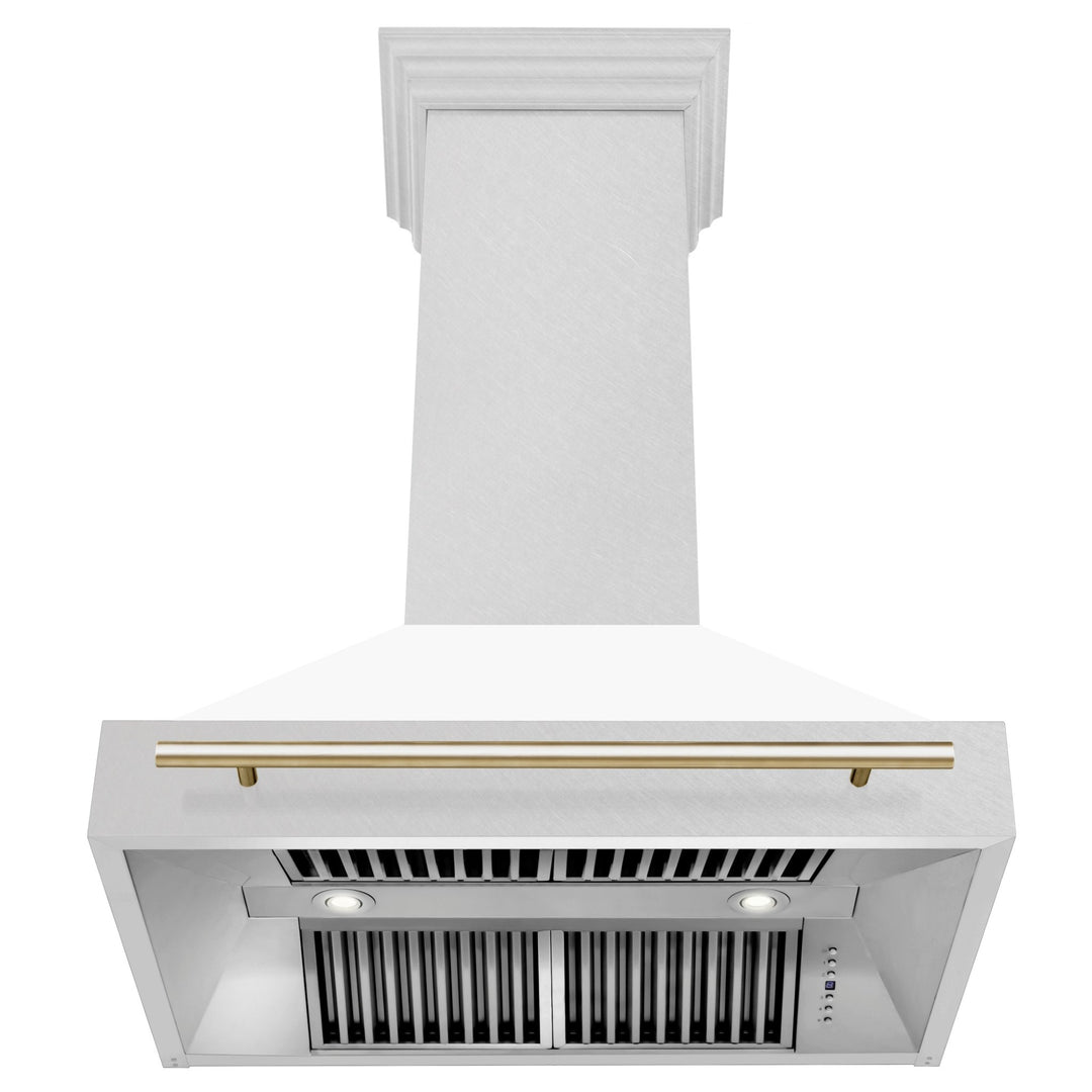 ZLINE Autograph Edition 36 in. Satin Stainless Steel Wall Mount Range Hood with White Matte Shell and Polished Gold Handle (8654SNZ-WM36-G)