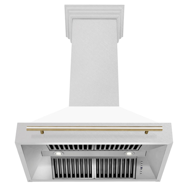 ZLINE Autograph Edition 36 in. Satin Stainless Steel Wall Mount Range Hood with White Matte Shell and Polished Gold Handle (8654SNZ-WM36-G)
