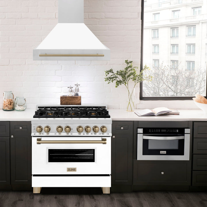 ZLINE Autograph Edition 36 in. Stainless Steel Range Hood with White Matte Shell and Champagne Bronze Handle (8654STZ-WM36-CB)