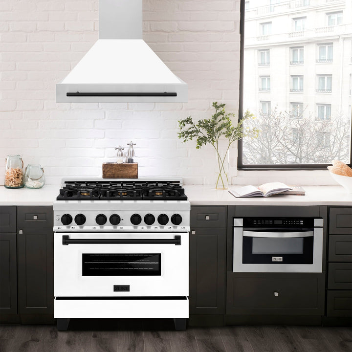 ZLINE Autograph Edition 36 in. Stainless Steel Range Hood with White Matte Shell and Matte Black Handle (8654STZ-WM36-MB)