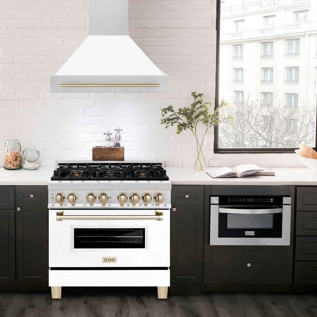 ZLINE Autograph Edition 36 in. Stainless Steel Range Hood with White Matte Shell and Polished Gold Handle (8654STZ-WM36-G)