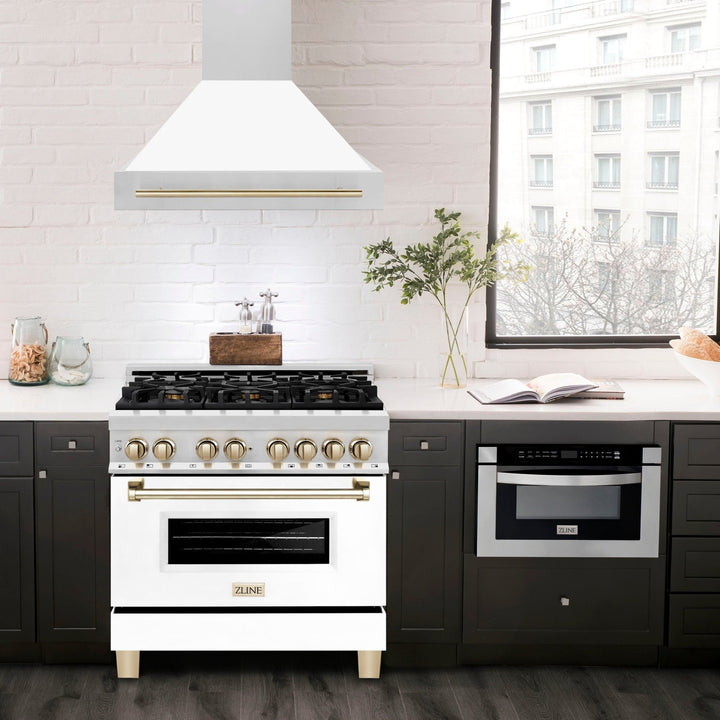 ZLINE Autograph Edition 36 in. Stainless Steel Range Hood with White Matte Shell and Polished Gold Handle (8654STZ-WM36-G)