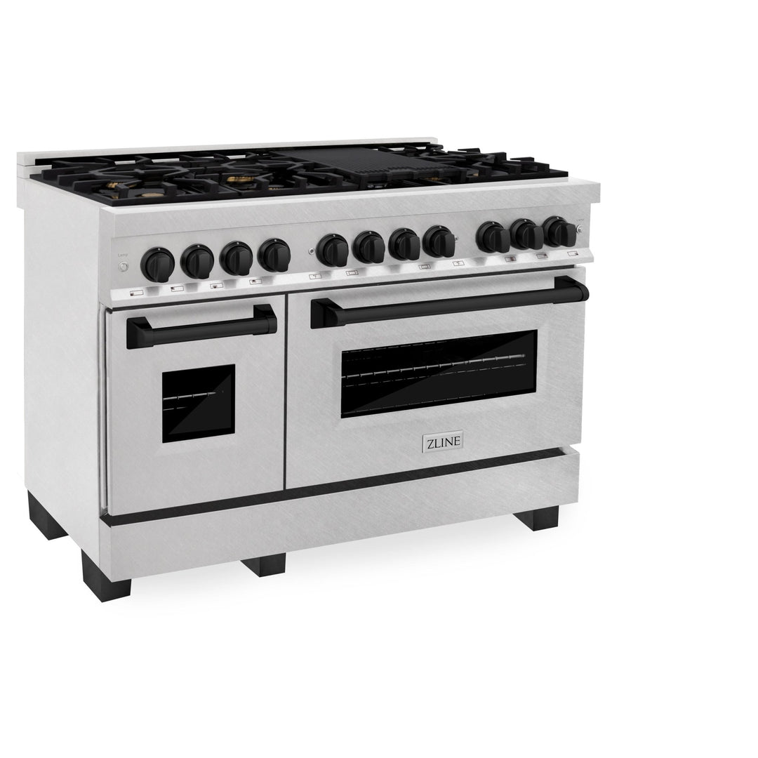 ZLINE Autograph Edition 48 in. 6.0 cu. ft. Legacy Dual Fuel Range with 7 Burner Gas Cooktop and 2 Electric Ovens in Satin Stainless Steel and Matte Black Accents (RASZ-SN-48-MB)