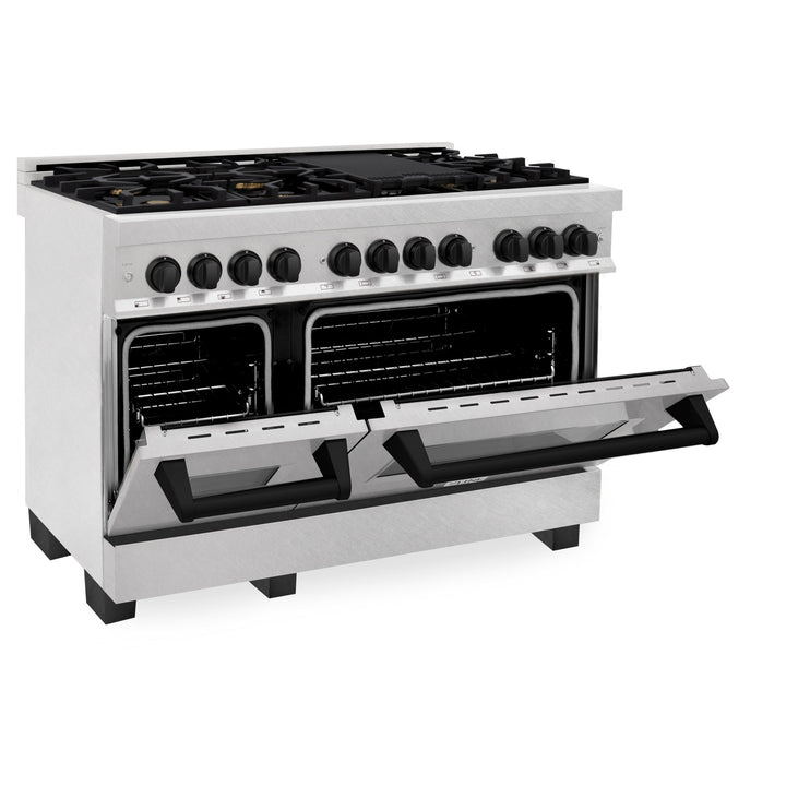 ZLINE Autograph Edition 48 in. 6.0 cu. ft. Legacy Dual Fuel Range with 7 Burner Gas Cooktop and 2 Electric Ovens in Satin Stainless Steel and Matte Black Accents (RASZ-SN-48-MB)