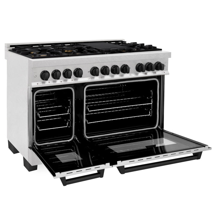 ZLINE Autograph Edition 48 in. 6.0 cu. ft. Legacy Dual Fuel Range with 7 Burner Gas Cooktop and 2 Electric Ovens in Satin Stainless Steel and Matte Black Accents (RASZ-SN-48-MB)