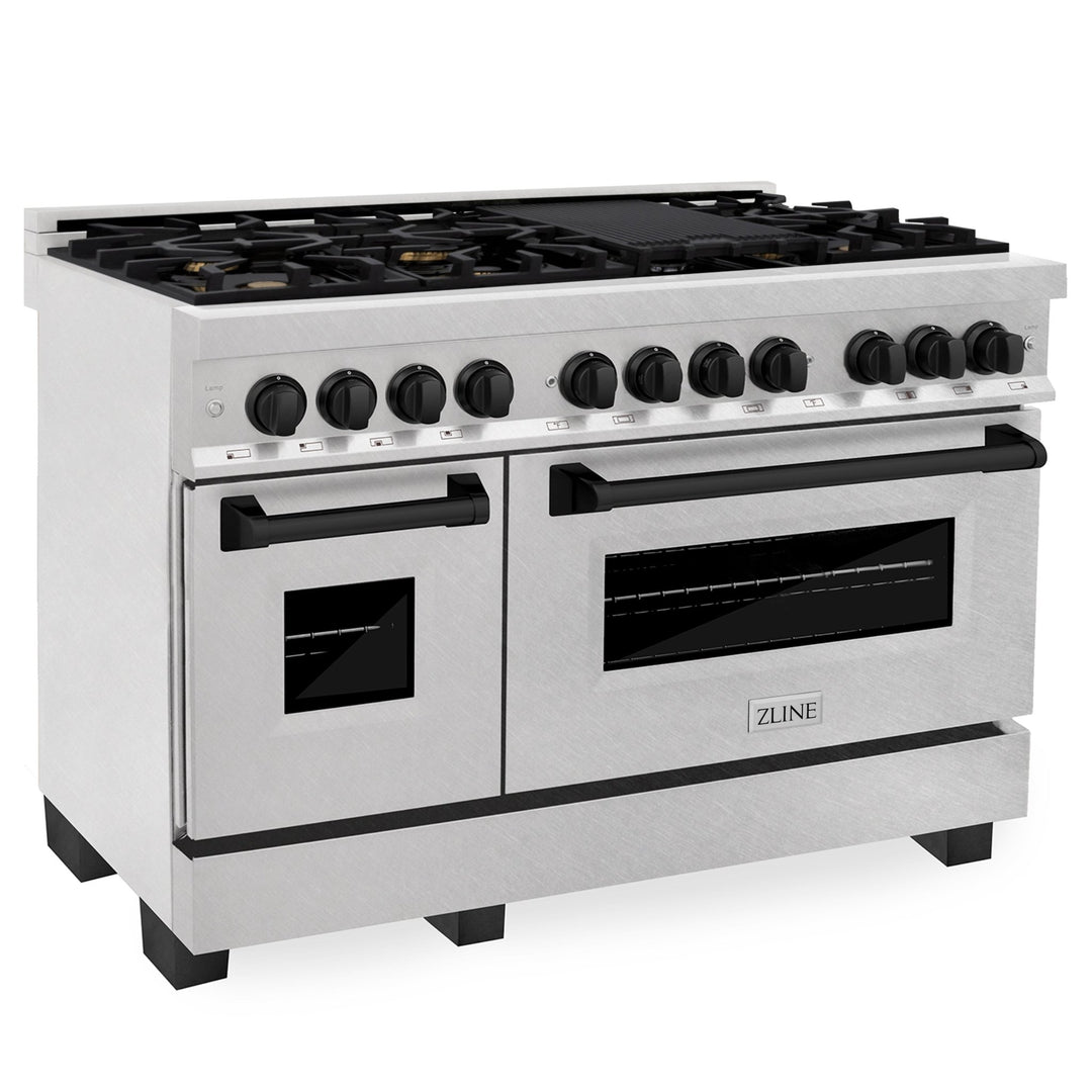 ZLINE Autograph Edition 48 in. 6.0 cu. ft. Legacy Dual Fuel Range with 7 Burner Gas Cooktop and 2 Electric Ovens in Satin Stainless Steel and Matte Black Accents (RASZ-SN-48-MB)