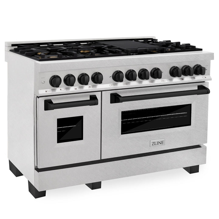 ZLINE Autograph Edition 48 in. 6.0 cu. ft. Legacy Dual Fuel Range with 7 Burner Gas Cooktop and 2 Electric Ovens in Satin Stainless Steel and Matte Black Accents (RASZ-SN-48-MB)