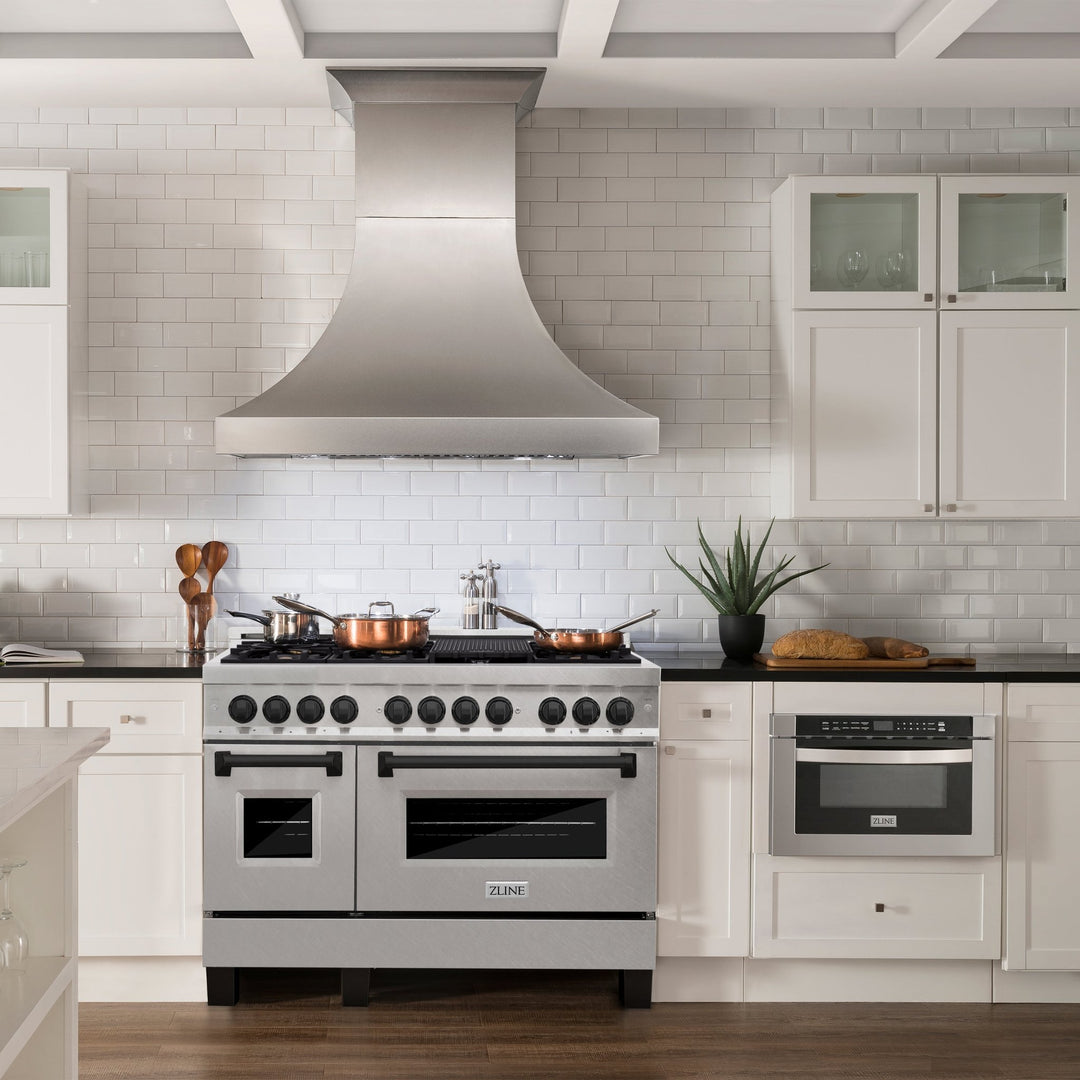 ZLINE Autograph Edition 48 in. 6.0 cu. ft. Legacy Dual Fuel Range with 7 Burner Gas Cooktop and 2 Electric Ovens in Satin Stainless Steel and Matte Black Accents (RASZ-SN-48-MB)