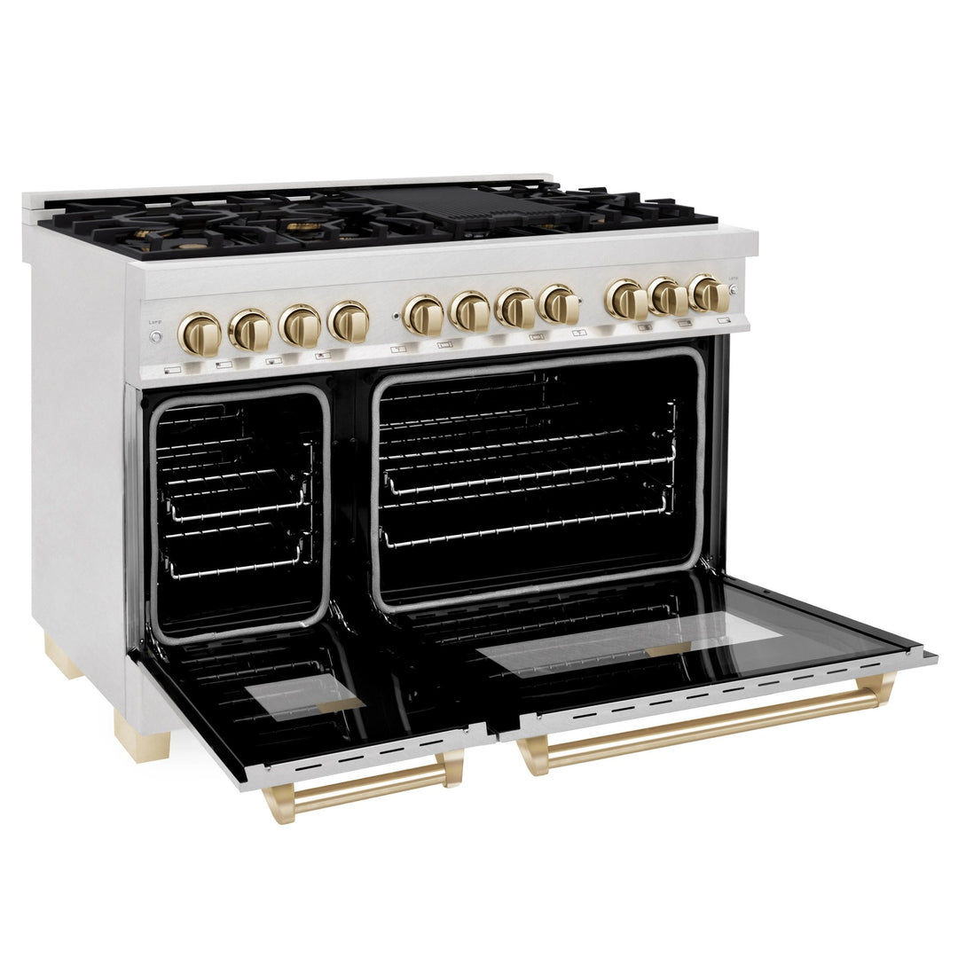 ZLINE Autograph Edition 48 in. 6.0 cu. ft. Legacy Dual Fuel Range with 7 Burner Gas Cooktop and 2 Electric Ovens in Satin Stainless Steel and Polished Gold Accents (RASZ-SN-48-G)