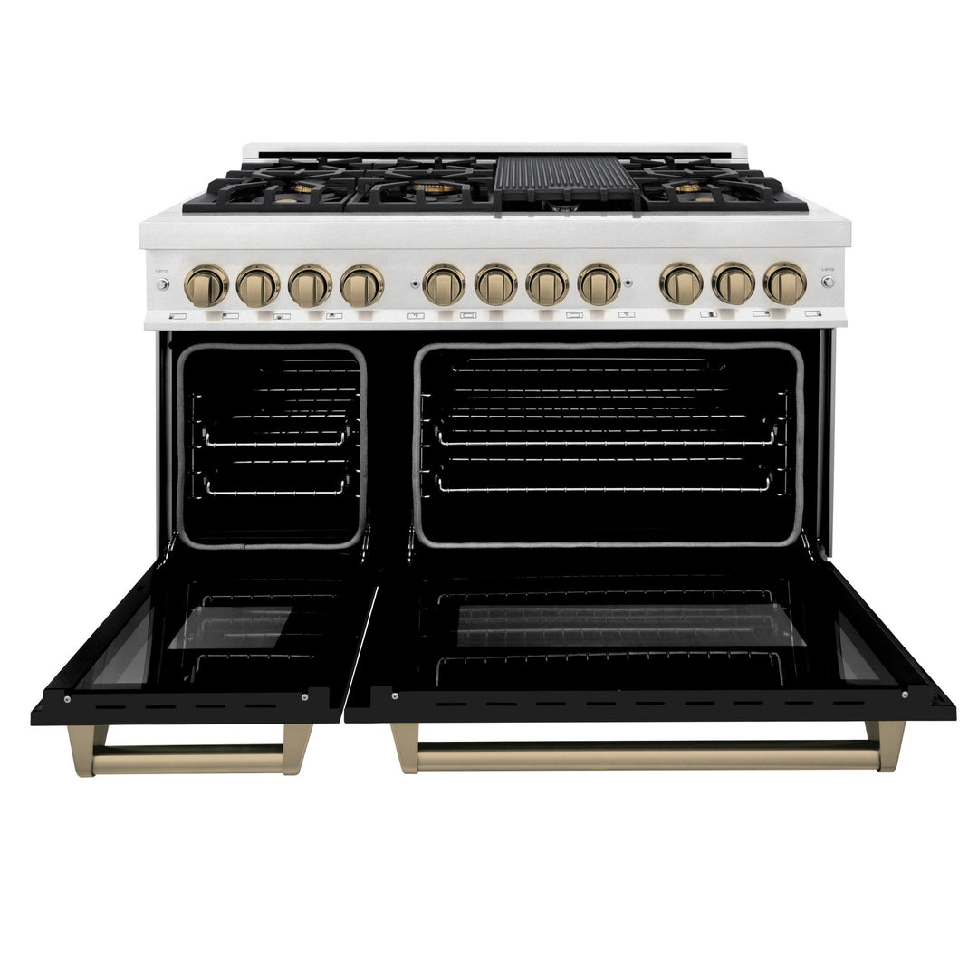 ZLINE Autograph Edition 48 in. 6.0 cu. ft. Legacy Dual Fuel Range with 7 Burner Gas Cooktop and 2 Electric Ovens in Satin Stainless Steel with Black Matte Doors and Champagne Bronze Accents (RASZ-BLM-48-CB)