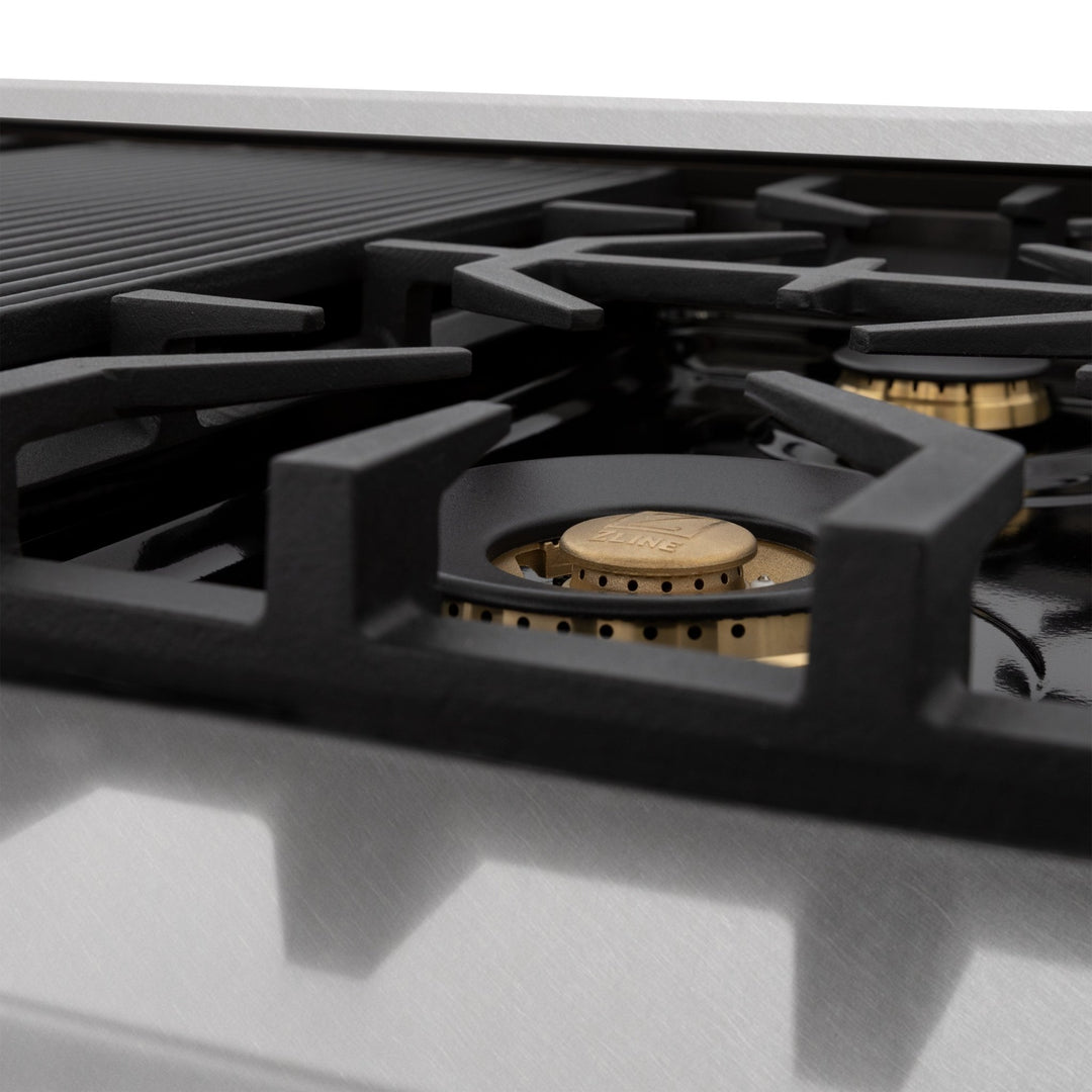 ZLINE Autograph Edition 48 in. 6.0 cu. ft. Legacy Dual Fuel Range with 7 Burner Gas Cooktop and 2 Electric Ovens in Satin Stainless Steel with Black Matte Doors and Polished Gold Accents (RASZ-BLM-48-G)