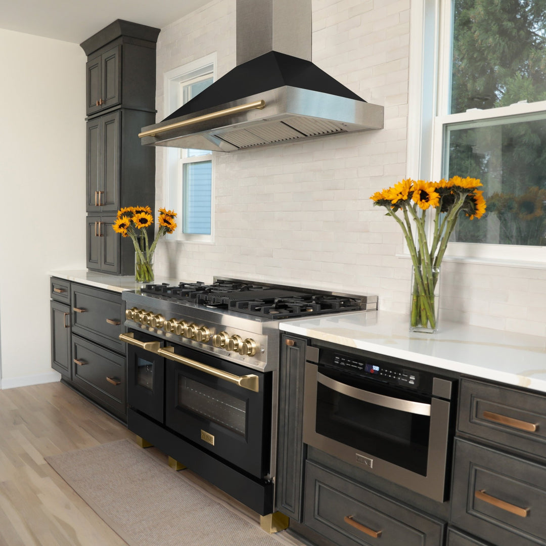 ZLINE Autograph Edition 48 in. 6.0 cu. ft. Legacy Dual Fuel Range with 7 Burner Gas Cooktop and 2 Electric Ovens in Satin Stainless Steel with Black Matte Doors and Champagne Bronze Accents (RASZ-BLM-48-CB)