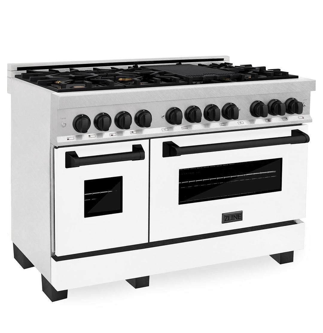 ZLINE Autograph Edition 48 in. 6.0 cu. ft. Legacy Dual Fuel Range with 7 Burner Gas Cooktop and 2 Electric Ovens in Satin Stainless Steel with White Matte Doors and Matte Black Accents (RASZ-WM-48-MB)