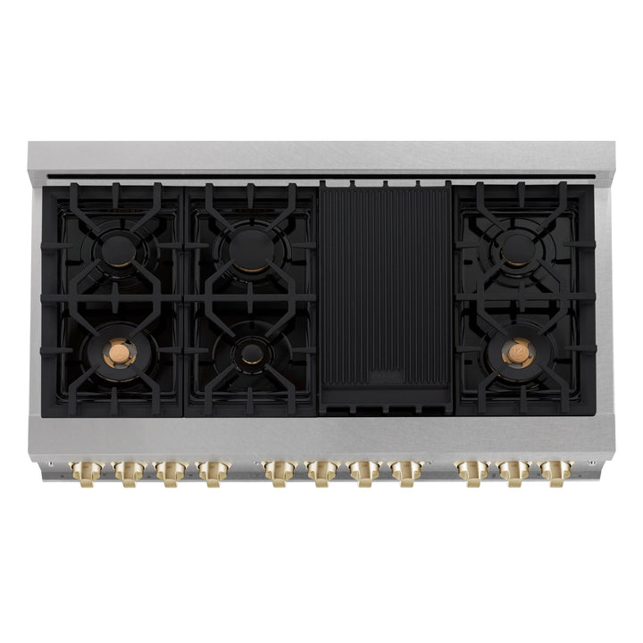 ZLINE Autograph Edition 48 in. 6.0 cu. ft. Legacy Dual Fuel Range with 7 Burner Gas Cooktop and 2 Electric Ovens in Satin Stainless Steel with White Matte Doors and Polished Gold Accents (RASZ-WM-48-G)