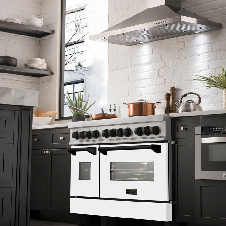 ZLINE Autograph Edition 48 in. 6.0 cu. ft. Legacy Dual Fuel Range with 7 Burner Gas Cooktop and 2 Electric Ovens in Satin Stainless Steel with White Matte Doors and Matte Black Accents (RASZ-WM-48-MB)