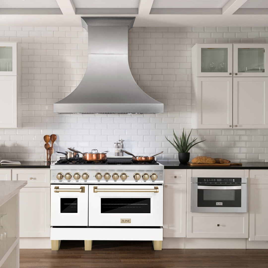 ZLINE Autograph Edition 48 in. 6.0 cu. ft. Legacy Dual Fuel Range with 7 Burner Gas Cooktop and 2 Electric Ovens in Satin Stainless Steel with White Matte Doors and Polished Gold Accents (RASZ-WM-48-G)