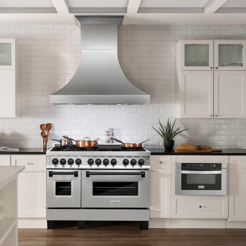 ZLINE Autograph Edition 48 in. 6.0 cu. ft. Legacy Dual Fuel Range with 7 Burner Gas Cooktop and 2 Electric Ovens in Stainless Steel and Matte Black Accents (RAZ-48-MB)