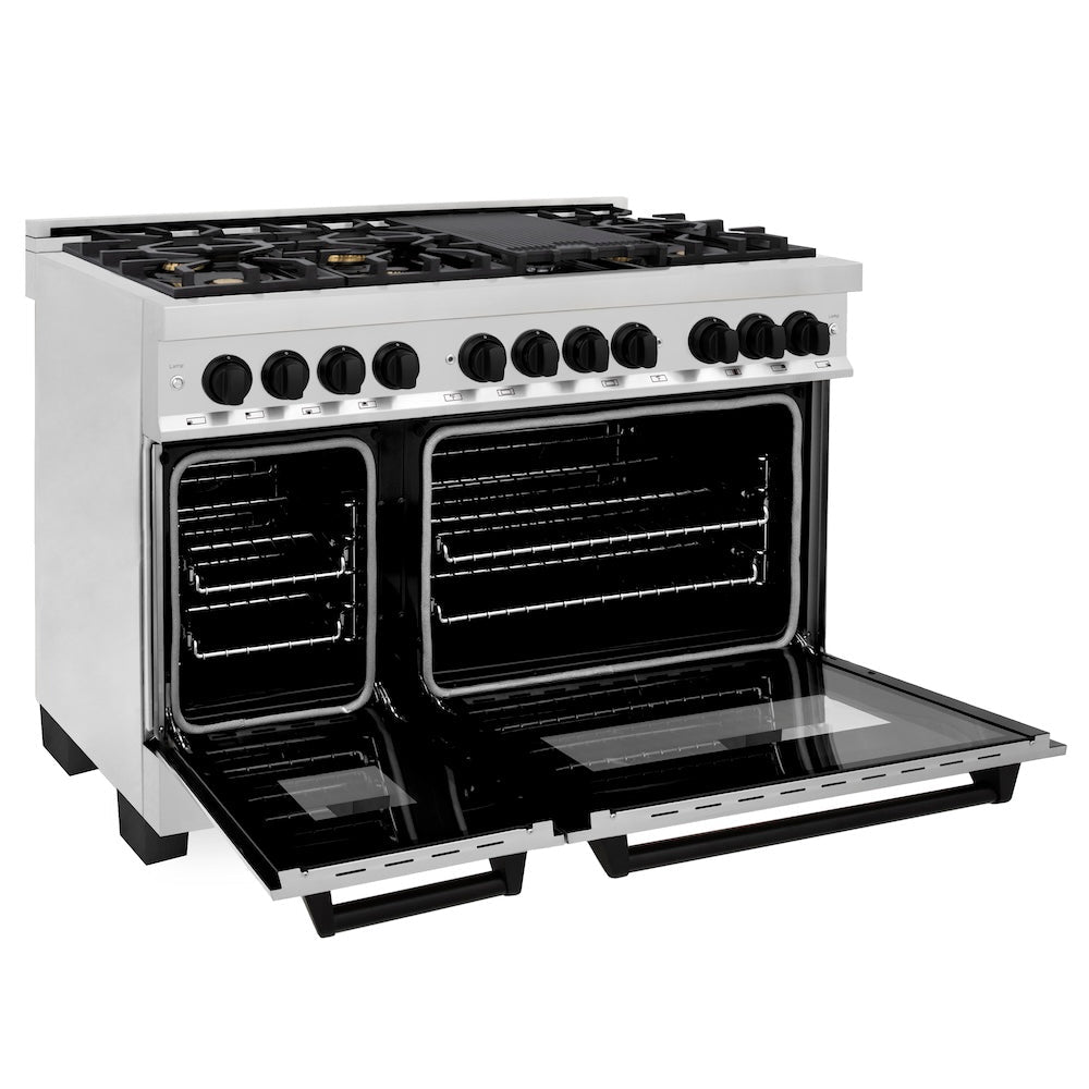 ZLINE Autograph Edition 48 in. 6.0 cu. ft. Legacy Dual Fuel Range with 7 Burner Gas Cooktop and 2 Electric Ovens in Stainless Steel and Matte Black Accents (RAZ-48-MB)