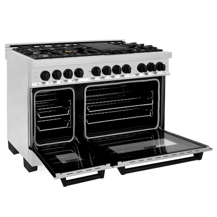 ZLINE Autograph Edition 48 in. 6.0 cu. ft. Legacy Dual Fuel Range with 7 Burner Gas Cooktop and 2 Electric Ovens in Stainless Steel and Matte Black Accents (RAZ-48-MB)