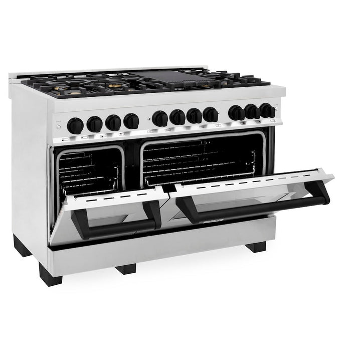 ZLINE Autograph Edition 48 in. 6.0 cu. ft. Legacy Dual Fuel Range with 7 Burner Gas Cooktop and 2 Electric Ovens in Stainless Steel and Matte Black Accents (RAZ-48-MB)