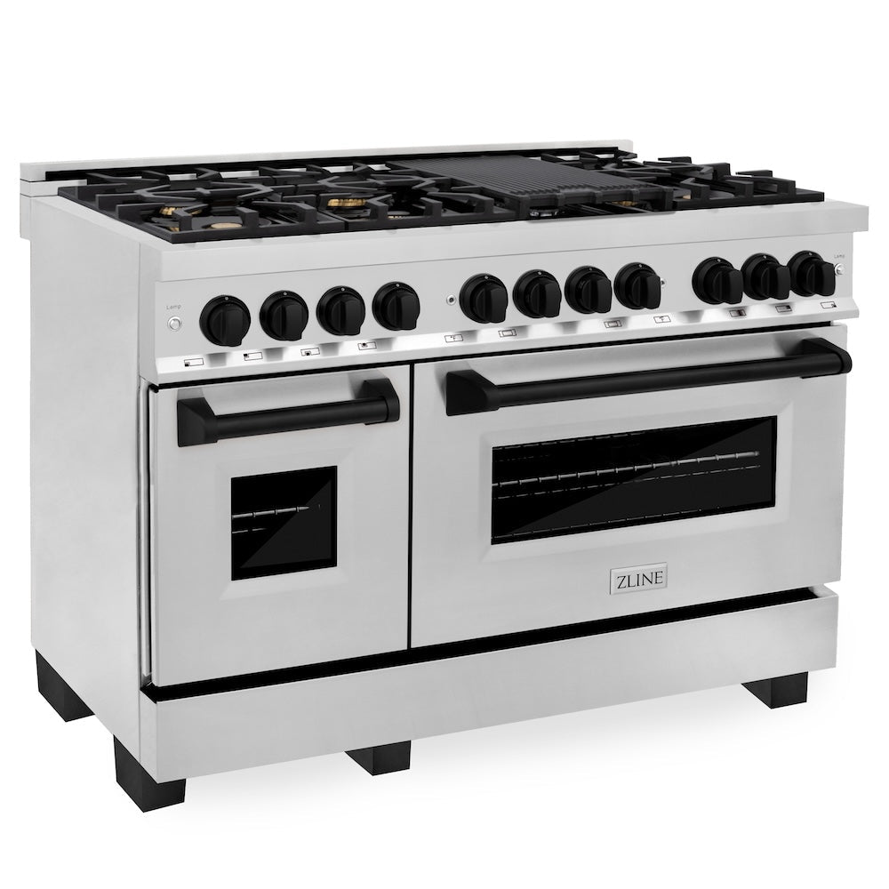 ZLINE Autograph Edition 48 in. 6.0 cu. ft. Legacy Dual Fuel Range with 7 Burner Gas Cooktop and 2 Electric Ovens in Stainless Steel and Matte Black Accents (RAZ-48-MB)