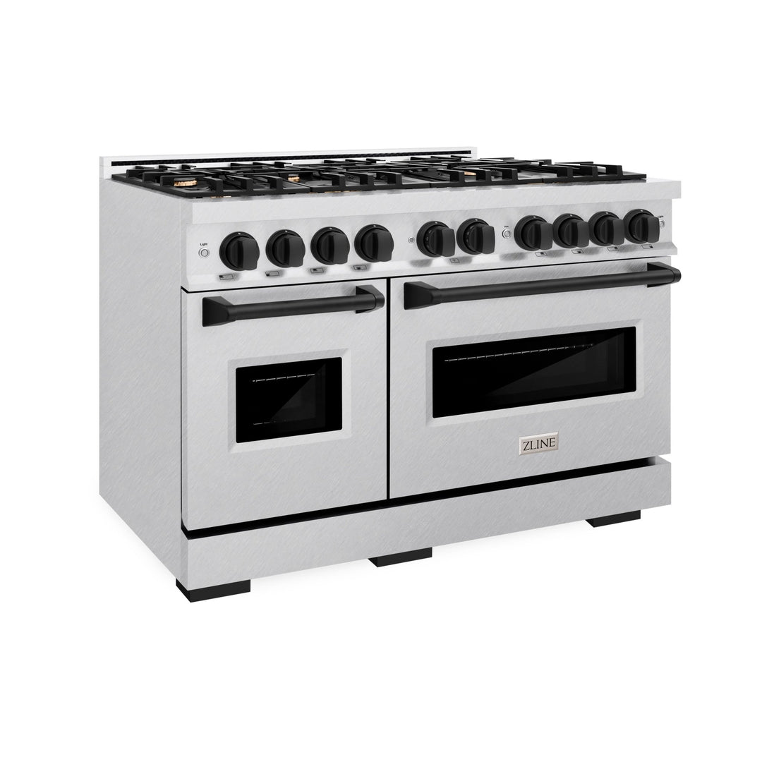 ZLINE Autograph Edition 48 in. 6.7 cu. ft. Classic Double Oven Dual Fuel Range with 8 Burner Gas Cooktop in Satin Stainless Steel and Matte Black Accents (CDRSZ-48-MB)