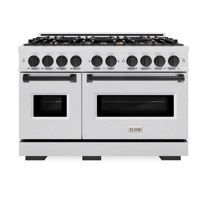 ZLINE Autograph Edition 48 in. 6.7 cu. ft. Classic Double Oven Dual Fuel Range with 8 Burner Gas Cooktop in Satin Stainless Steel with White Matte Doors and Matte Black Accents (CDRSZ-WM-48-MB)