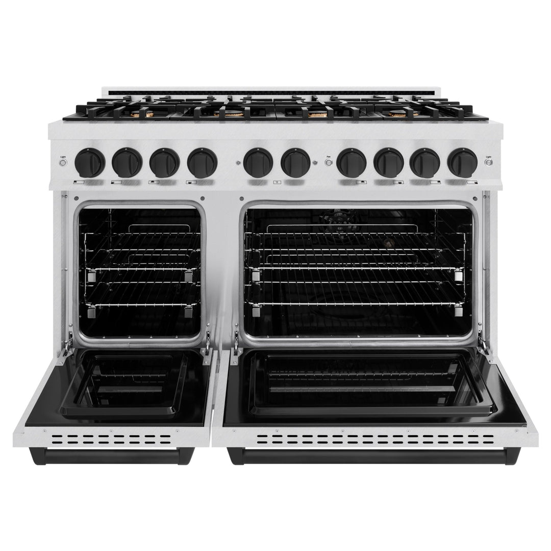 ZLINE Autograph Edition 48 in. 6.7 cu. ft. Classic Double Oven Dual Fuel Range with 8 Burner Gas Cooktop in Satin Stainless Steel with White Matte Doors and Matte Black Accents (CDRSZ-WM-48-MB)