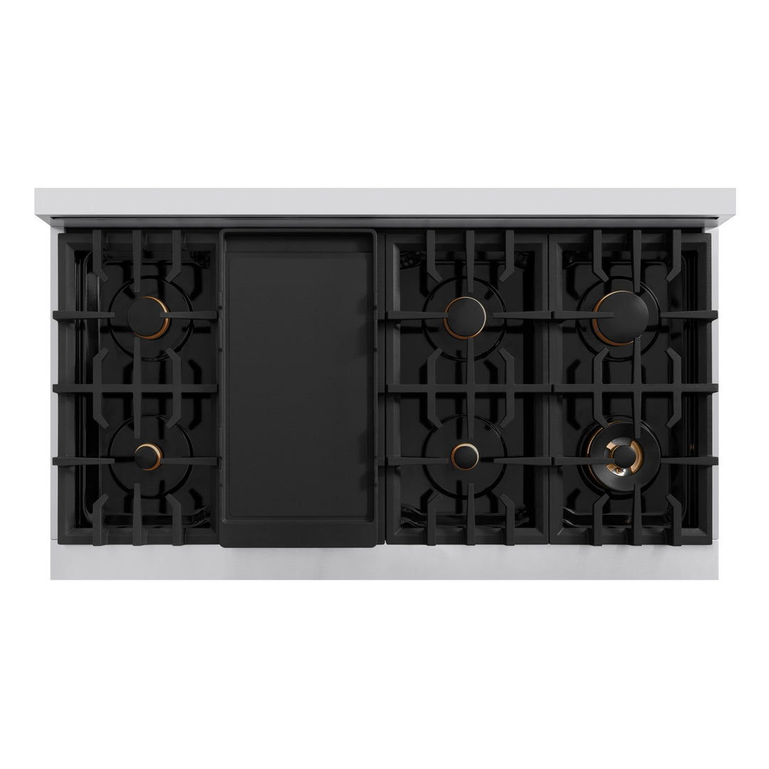 ZLINE Autograph Edition 48 in. 6.7 cu. ft. Classic Double Oven Dual Fuel Range with 8 Burner Gas Cooktop in Stainless Steel with Black Matte Doors and Champagne Bronze Accents (CDRZ-BLM-48-CB)