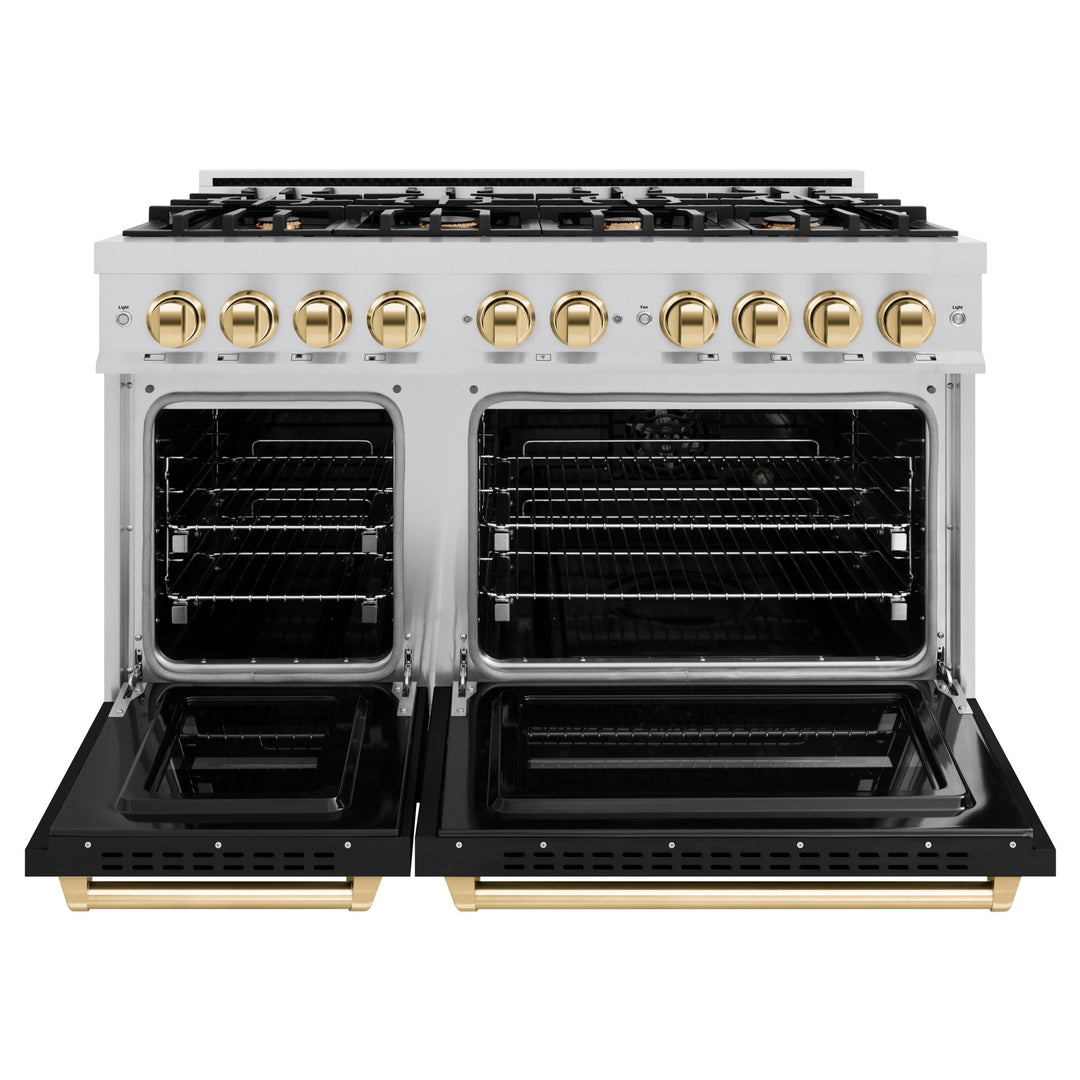 ZLINE Autograph Edition 48 in. 6.7 cu. ft. Classic Double Oven Dual Fuel Range with 8 Burner Gas Cooktop in Stainless Steel with Black Matte Doors and Polished Gold Accents (CDRZ-BLM-48-G)