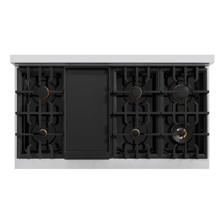 ZLINE Autograph Edition 48 in. 6.7 cu. ft. Classic Double Oven Dual Fuel Range with 8 Burner Gas Cooktop in Stainless Steel with Black Matte Doors and Polished Gold Accents (CDRZ-BLM-48-G)