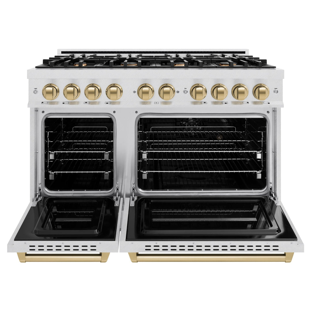 ZLINE Autograph Edition 48 in. 6.7 cu. ft. Classic Double Oven Gas Range with 8 Burner Cooktop in Satin Stainless Steel and Champagne Bronze Accents (CGRSZ-48-CB)