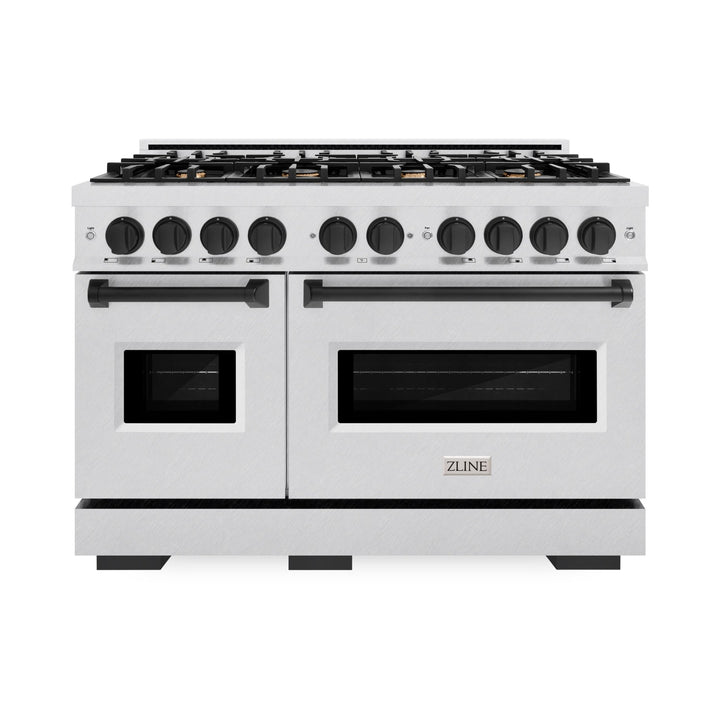 ZLINE Autograph Edition 48 in. 6.7 cu. ft. Classic Double Oven Gas Range with 8 Burner Cooktop in Satin Stainless Steel and Matte Black Accents (CGRSZ-48-MB)