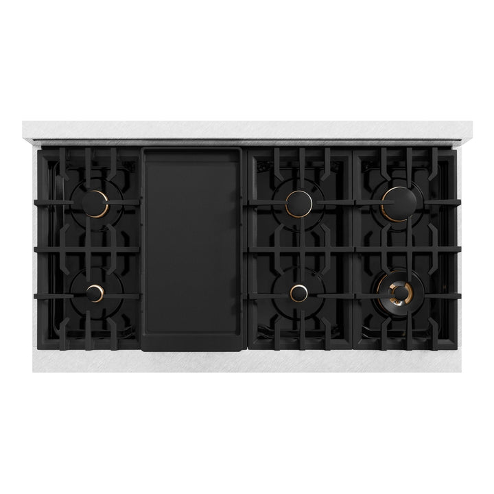 ZLINE Autograph Edition 48 in. 6.7 cu. ft. Classic Double Oven Gas Range with 8 Burner Cooktop in Satin Stainless Steel and Polished Gold Accents (CGRSZ-48-G)