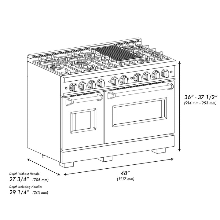 ZLINE Autograph Edition 48 in. 6.7 cu. ft. Classic Double Oven Gas Range with 8 Burner Cooktop in Satin Stainless Steel with Black Matte Doors and Champagne Bronze Accents (CGRSZ-BLM-48-CB)
